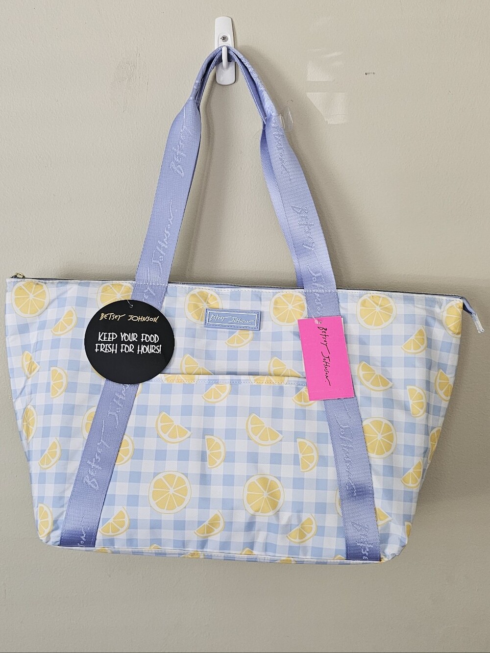 Betsey Johnson Light Blue and Yellow Lemon Print Insulated Lunch Tote